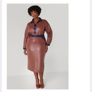 Brown Faux Leather Skirt With Denim Trim